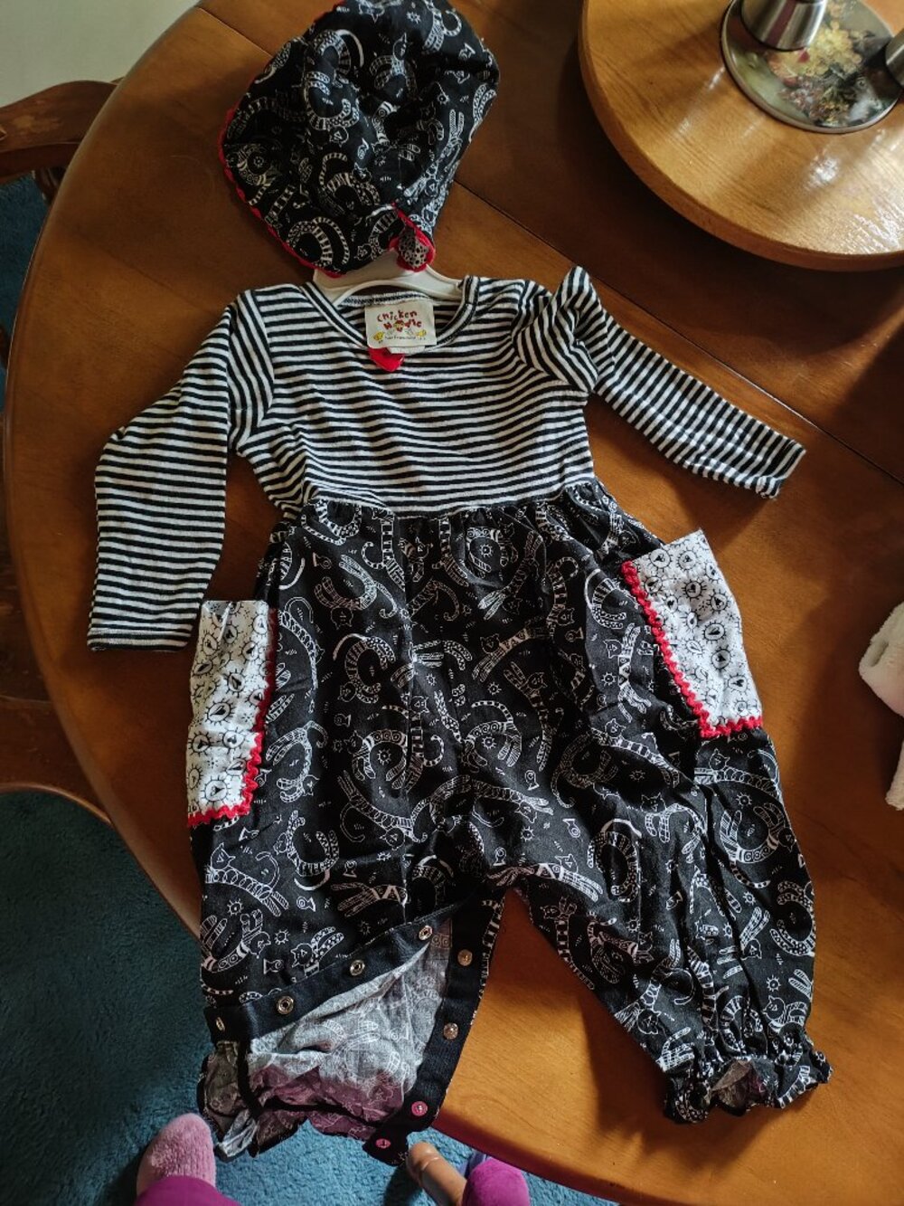 Chicken Noodle Girl 18M Sunsuite + Hat Red White Black Stripes/Cat Heart Button